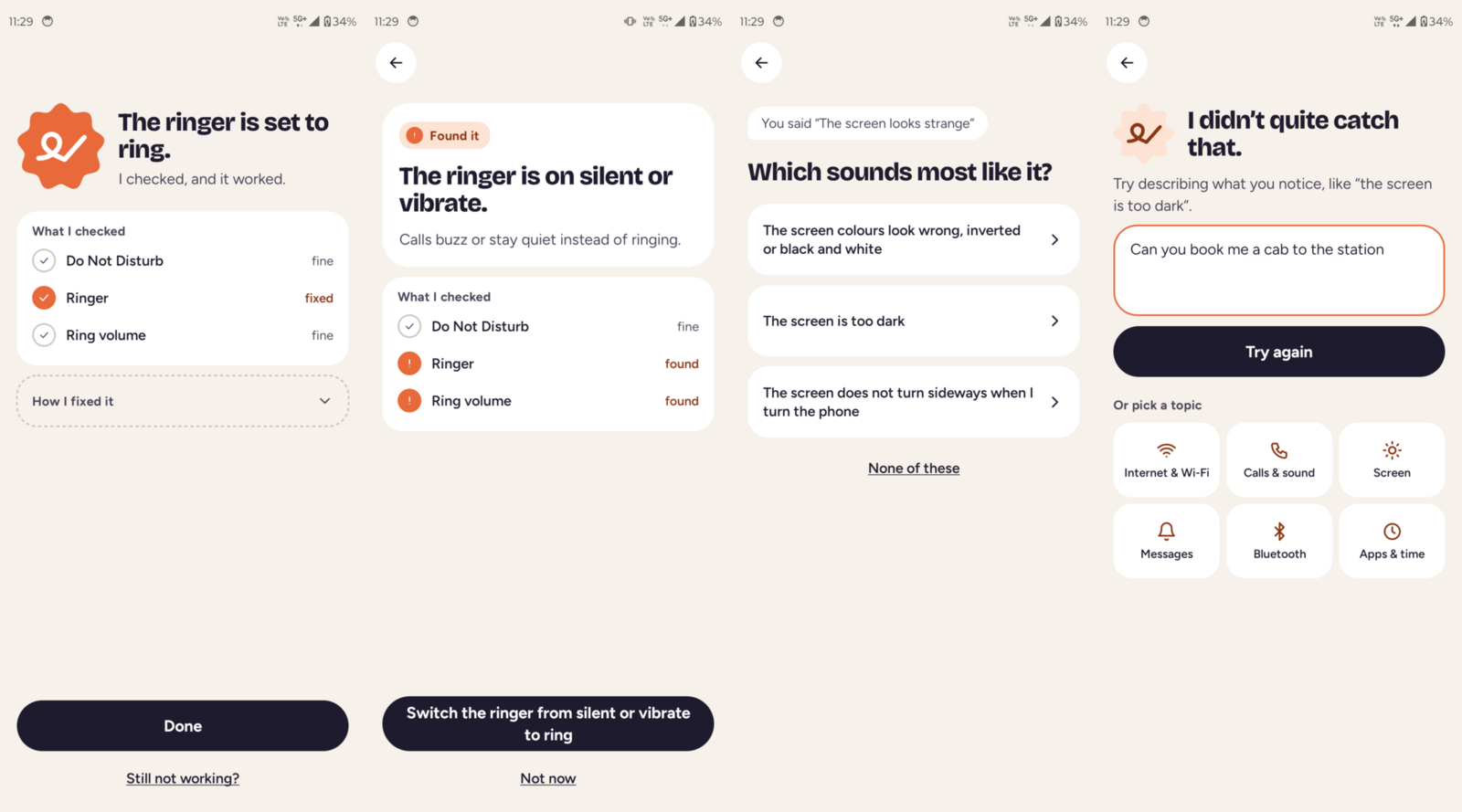 Four replies from the app: the ringer fixed and checked, a fix that asks before switching the ringer, a question about which screen problem it is, and a polite decline for booking a cab